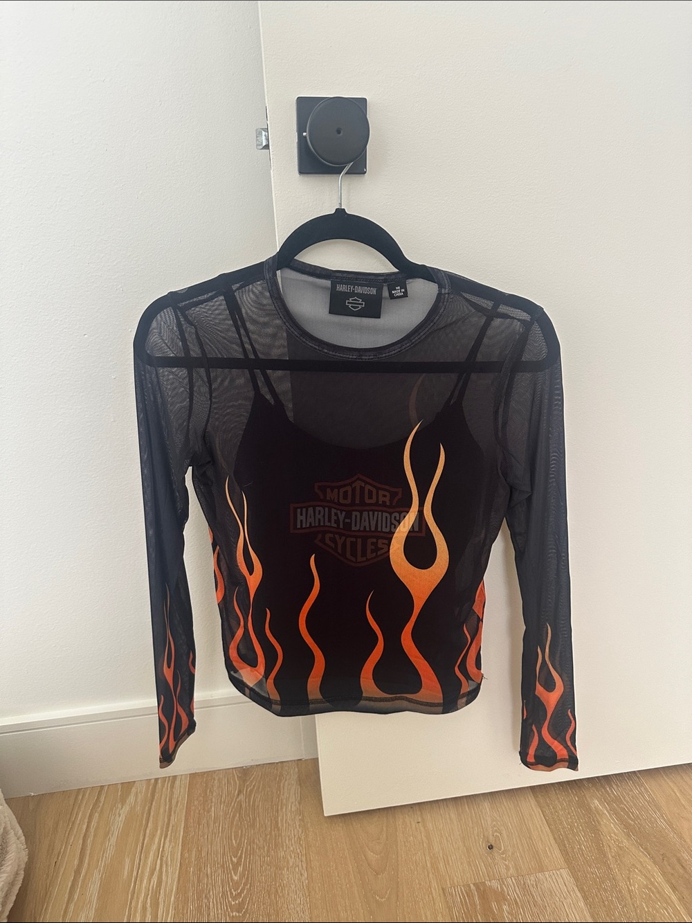 Harley-Davidson Black Mesh Long-Sleeve Top with Orange Flame Print